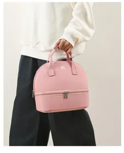 Pink double layer insulated lunch bag portable cooler bag for breast milk and meal prep.
