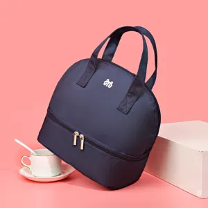 Portable double layer insulated lunch bag cooler bag in dark blue for daily meal prep.
