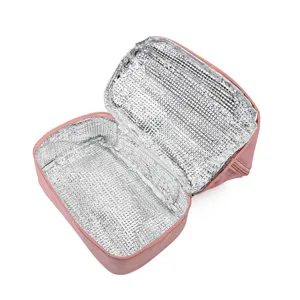 Pink insulated lunch bag with foil lining, portable double-layer cooler bag for meals.
