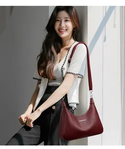 Korean style solid color shoulder bag for women, elegant wine red leather handbag with strap.