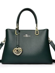 Élégant sac à main vert foncé pour femme, avec grande capacité et pendentif en cœur.