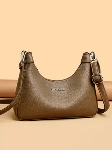 Brown leather shoulder bag for women, Korean style solid color minimalist design chic handbag.