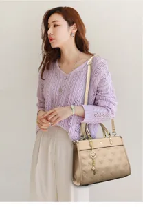 Elegant PU leather quilted tote bag with chain charm, spacious daily shoulder handbag.