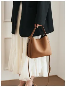 Large capacity soft leather bucket bag for women, high-end versatile shoulder crossbody bag.