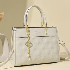 Elegant beige quilted leather tote bag for women, stylish large capacity shoulder handbag.