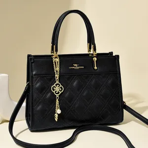 Elegant solid color leather quilted tote bag for women large capacity fashion handbag