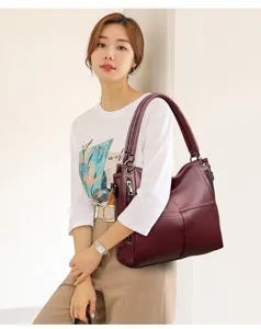 Elegant women PU leather shoulder bag casual tote handbag classic wine red fashion purse