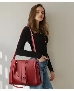 Red leather tote bag for women, large capacity shoulder bag for daily commuting work.