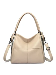 Women beige leather hobo shoulder bag casual large capacity tote purse for daily commute work