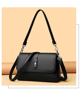 Black leather shoulder bag detail, stylish flap design and silver hardware for daily wear.