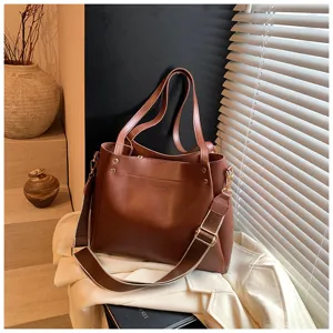 Brown PU leather women tote shoulder bag large capacity casual bucket bag with wide strap