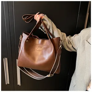 Brown PU leather tote bag women large capacity casual shoulder bucket bag stylish everyday