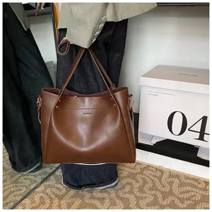 Stylish brown PU leather tote shoulder bag with large capacity for daily casual wear.