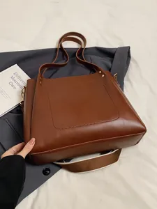 Womens brown PU leather tote shoulder bag, casual large capacity bucket bag with handle.