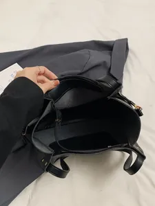 Women black leather bucket bag casual large capacity tote handbag daily simple fashion new