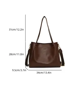 Stylish brown large capacity women's tote bag casual shoulder bucket bag for daily use.