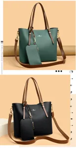 Detail view of large capacity PU leather tote bag with matching pouch and wide strap.