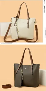 Women large capacity soft leather tote bag with matching pouch and wide shoulder strap.