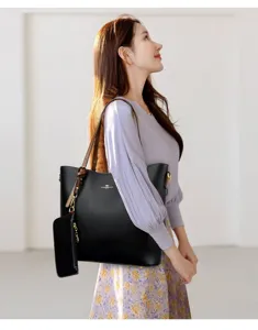 Women large capacity soft leather tote bag with matching pouch, stylish commuter handbag.