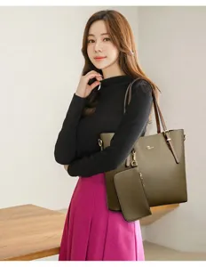 Stylish women's tote bag set with soft leather, large capacity, and wide shoulder strap.