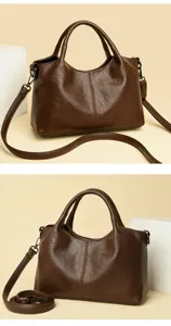 Retro brown leather handbag with adjustable wide strap, casual commuting tote and shoulder bag.