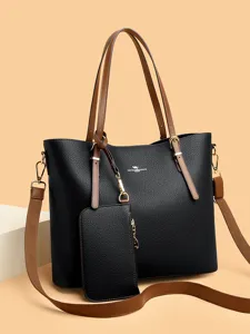 Women's Large Capacity PU Leather Tote Bag Fashion Commuter Shoulder Bag With Pouch