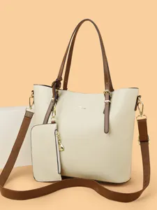 Women large capacity soft leather tote bag set with wide strap commuter handbag.