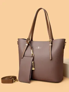 Brown PU leather tote bag set with shoulder strap and small pouch, large capacity daily use.