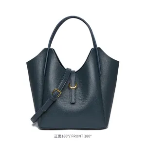 Genuine leather bucket bag for women, stylish litchi grain shoulder and crossbody bag.