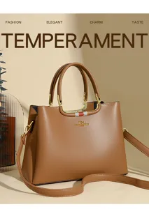 Elegant women commuter handbag, premium brown PU leather top handle tote with shoulder strap.