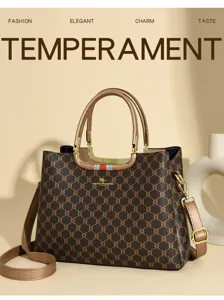Women vintage monogram pattern top handle crossbody bag stylish commuter handbag with strap.