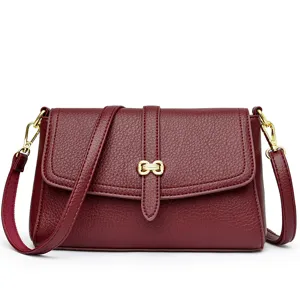 Women leather crossbody shoulder bag elegant burgundy stylish daily small square handbag