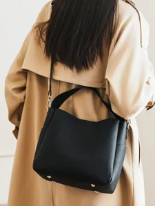 Black leather bucket bag women stylish shoulder crossbody handbag casual daily purse.