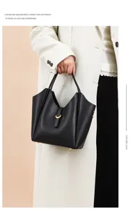 Fashionable genuine leather bucket handbag with litchi pattern, elegant shoulder bag for women.