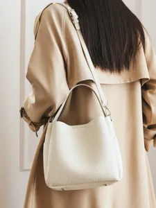 Large capacity soft leather bucket bag for women stylish versatile shoulder handbag.