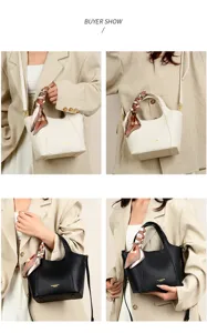 Korean minimalist soft leather bucket bag with chic scarf handle for women daily wear