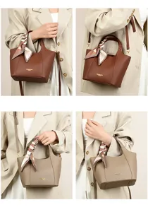 Stylish women's leather bucket bag, chic handbag with scarf accessory for daily use.