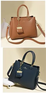 Women's fashion leather top handle shoulder bag large capacity casual handbag detail display