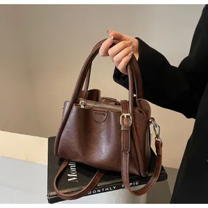 Korean style soft PU leather women shoulder handbag large capacity casual messenger bag brown