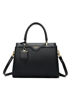 Women's black leather shoulder crossbody handbag, stylish daily commuter structured bag main view