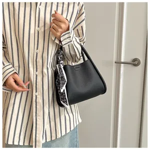 Korean style soft PU leather women shoulder bag with cute scarf decoration daily use handbag