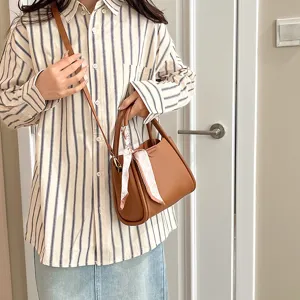 Brown PU leather shoulder crossbody bag with elegant scarf decor for women daily use