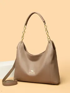 Brown leather hobo shoulder bag with stylish gold chain, large capacity daily tote bag.