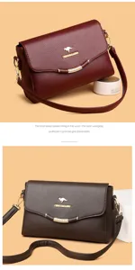 Detailed view of the stylish leather crossbody shoulder bag with metal logo hardware accent.