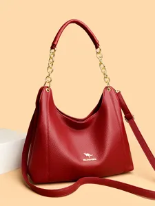 Stylish red leather shoulder bag with gold chain strap, large capacity tote bag for women.