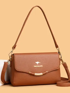 Brown leather shoulder bag for women, stylish casual crossbody bag with flap and metal clasp.