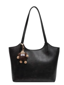 Retro black women tote bag large capacity shoulder handbag with cute plush pendant for daily commute