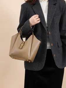 Women genuine leather bucket shoulder bag taupe top handle tote bag for daily fashion wear