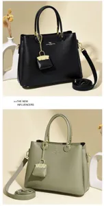 Detailed view of large capacity PU leather handbag with elegant pendant and strap.