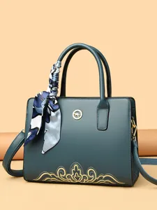 Women Retro PU Leather Boston Bag Chinese Style Embroidery Top Handle Tote Bag With Silk Scarf Shoulder Bag